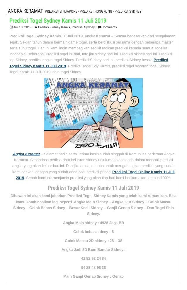 Prediksi Togel Sydney Kamis 11 Juli 2019"