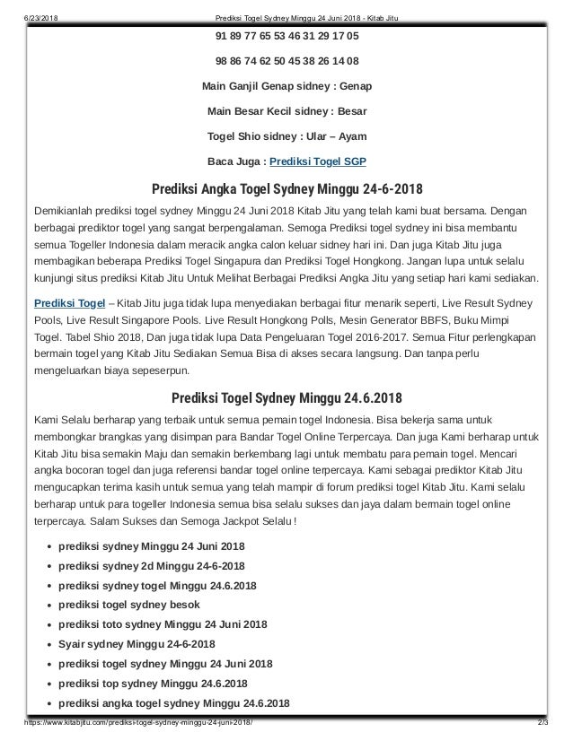 Prediksi Togel Sydney Minggu 24 Juni 2018 Kitab Jitu