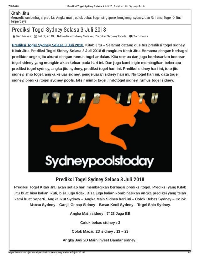 Prediksi togel sydney selasa 3 juli 2018 kitab jitu sydney pools