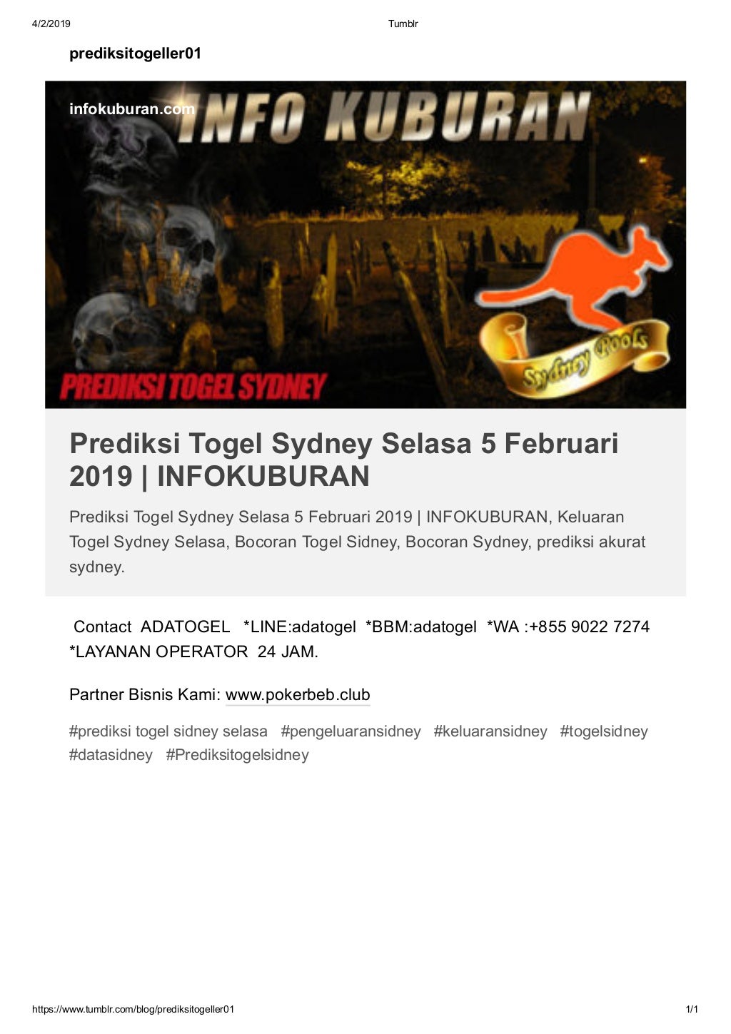 Prediksi Togel Sydney Selasa 5 Februari 2019 INFOKUBURAN