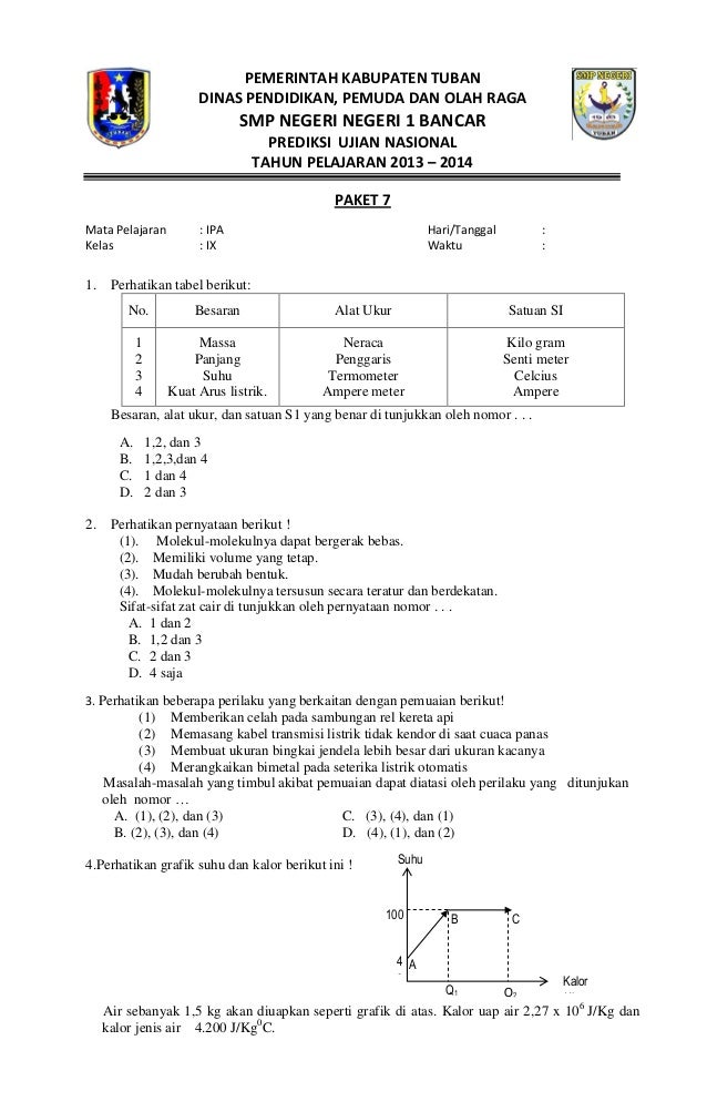 Naskah Soal Prediksi Ujian Nasional IPA SMP Tahun 2014 paket 7