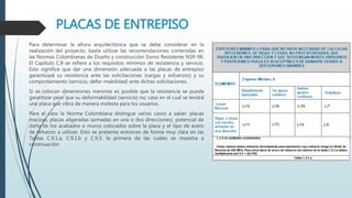 PLACAS DE ENTREPISO
Para determinar la altura arquitectónica que se debe considerar en la
realización del proyecto, basta utilizar las recomendaciones contenidas en
las Normas Colombianas de Diseño y construcción Sismo Resistente NSR-98.
El Capítulo C.9 se refiere a los requisitos mínimos de resistencia y servicio.
Esto significa que dar una dimensión adecuada a las placas de entrepiso
garantizará su resistencia ante las solicitaciones (cargas y esfuerzos) y su
comportamiento (servicio, defor-mabilidad) ante dichas solicitaciones.
Si se colocan dimensiones menores es posible que la resistencia se pueda
garantizar pero que su deformabilidad (servicio) no; caso en el cual se tendrá
una placa que vibra de manera molesta para los usuarios.
Para el caso la Norma Colombiana distingue varios casos a saber: placas
macizas, placas aligeradas (armadas en una o dos direcciones), potencial de
daño de los acabados o muros colocados sobre la placa y el tipo de acero
de refuerzo a utilizar. Esto se presenta entonces de forma muy clara en las
Tablas C.9.1.a, C.9.1.b y C.9.3, la primera de las cuales se muestra a
continuación:
 