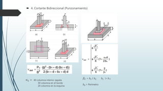  4. Cortante Bidireccional (Punzonamiento)
∝ 𝑆 = 40 columna interior zapata
30 columna en el borde
20 columna en la esquina
𝛽 𝐶 = 𝑏1 / 𝑏2 𝑏1 > 𝑏2
𝑏0 = Perímetro
 