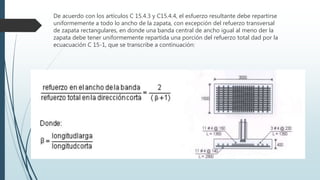 De acuerdo con los artículos C 15.4.3 y C15.4.4, el esfuerzo resultante debe repartirse
uniformemente a todo lo ancho de la zapata, con excepción del refuerzo transversal
de zapata rectangulares, en donde una banda central de ancho igual al meno der la
zapata debe tener uniformemente repartida una porción del refuerzo total dad por la
ecuacuación C 15-1, que se transcribe a continuación:
 