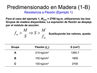 Predimensionado en Madera (1-B)
Resistencia a Flexión (Ejemplo 1)
Para el caso del ejemplo 1, Mmax = 2700 kg.m, utilizaremos los tres
Grupos de madera disponibles. La expresión de flexión se despeja
por el módulo de sección:
Grupo Flexión (fm) S (cm3)
210 kg/cm2 1285.7
1800
2700
150 kg/cm2
100 kg/cm2
A
B
C
m
m
f
M
S
S
M
f >⇒> Sustituyendo los valores, queda:
 