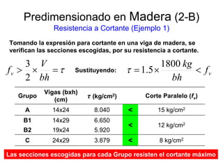 Predimensionado en Madera (2-B)
Resistencia a Cortante (Ejemplo 1)
τ=×>
bh
V
fv
2
3
Tomando la expresión para cortante en una viga de madera, se
verifican las secciones escogidas, por su resistencia a cortante.
Grupo
Vigas (bxh)
(cm)
τ (kg/cm2) Corte Paralelo (fv)
A 14x24
14x29
19x24
24x29
15 kg/cm2
<8.040
B1 6.650
B2
<
5.920
3.879 <
12 kg/cm2
C 8 kg/cm2
vf
bh
kg
<×=
1800
5.1τSustituyendo:
Las secciones escogidas para cada Grupo resisten el cortante máximo
 