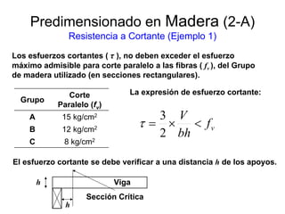 Predimensionado en Madera (2-A)
Resistencia a Cortante (Ejemplo 1)
Los esfuerzos cortantes ( τ ), no deben exceder el esfuerzo
máximo admisible para corte paralelo a las fibras ( fv ), del Grupo
de madera utilizado (en secciones rectangulares).
El esfuerzo cortante se debe verificar a una distancia h de los apoyos.
Grupo
Corte
Paralelo (fv)
A 15 kg/cm2
B 12 kg/cm2
C 8 kg/cm2
vf
bh
V
<×=
2
3
τ
La expresión de esfuerzo cortante:
h
h
Sección Crítica
Viga
 