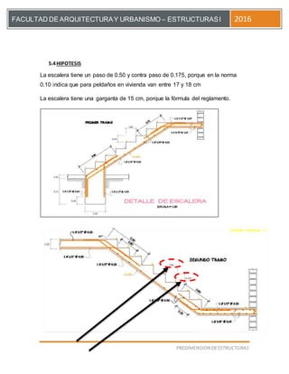 [Escriba el título del documento]
PREDIMENSION DEESTRUCTURAS
FACULTAD DE ARQUITECTURAY URBANISMO – ESTRUCTURASI 2016
5.4HIPOTESIS
La escalera tiene un paso de 0.50 y contra paso de 0.175, porque en la norma
0.10 indica que para peldaños en vivienda van entre 17 y 18 cm
La escalera tiene una garganta de 15 cm, porque la fórmula del reglamento.
 