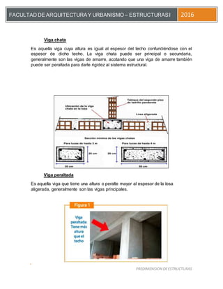 [Escriba el título del documento]
PREDIMENSION DEESTRUCTURAS
FACULTAD DE ARQUITECTURAY URBANISMO – ESTRUCTURASI 2016
Viga chata
Es aquella viga cuya altura es igual al espesor del techo confundiéndose con el
espesor de dicho techo. La viga chata puede ser principal o secundaria,
generalmente son las vigas de amarre, acotando que una viga de amarre también
puede ser peraltada para darle rigidez al sistema estructural.
Viga peraltada
Es aquella viga que tiene una altura o peralte mayor al espesor de la losa
aligerada, generalmente son las vigas principales.
 