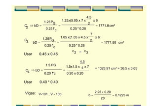 C
2
C3
⇒ bD
1.25PG
0.25 f'c
1.25x(5.05 x 7 x
4.5
2
x 6
0.25 * 0.28
1771.8 cm²= = =
Usar 0.45 x 0.45
C4 bD
1.5 PG
0.20 f´c*
1.5x1.5 x x 7
⇒ = =
Usar 0.40 * 0.40
Vigas:
b
2.25 0.20
20
0.1225 m=
+
=
bD
1.25PG
0.25 f'c
1.05 x(1.05 x 4.5 x
7
2
x 6
0.25 * 0.28
1771.88 cm²= = =
c2 c3=
0.20 x 0.20
4.5
4 = 1328.91 cm² = 36.5 x 3.65
V-101 , V - 103
 