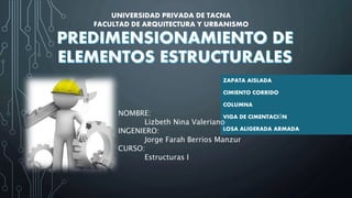 ZAPATA AISLADA
CIMIENTO CORRIDO
COLUMNA
VIGA DE CIMENTACIÓN
LOSA ALIGERADA ARMADA
UNIVERSIDAD PRIVADA DE TACNA
FACULTAD DE ARQUITECTURA Y URBANISMO
NOMBRE:
Lizbeth Nina Valeriano
INGENIERO:
Jorge Farah Berrios Manzur
CURSO:
Estructuras I
 