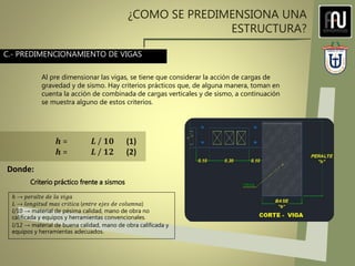 ¿COMO SE PREDIMENSIONA UNA
ESTRUCTURA?
C.- PREDIMENCIONAMIENTO DE VIGAS
Al pre dimensionar las vigas, se tiene que considerar la acción de cargas de
gravedad y de sismo. Hay criterios prácticos que, de alguna manera, toman en
cuenta la acción de combinada de cargas verticales y de sismo, a continuación
se muestra alguno de estos criterios.
𝒉 = 𝑳 / 𝟏𝟎 (1)
𝒉 = 𝑳 / 𝟏𝟐 (2)
ℎ → 𝑝𝑒𝑟𝑎𝑙𝑡𝑒 𝑑𝑒 𝑙𝑎 𝑣𝑖𝑔𝑎
𝐿 → 𝑙𝑜𝑛𝑔𝑖𝑡𝑢𝑑 𝑚𝑎𝑠 𝑐𝑟𝑖𝑡𝑖𝑐𝑎 (𝑒𝑛𝑡𝑟𝑒 𝑒𝑗𝑒𝑠 𝑑𝑒 𝑐𝑜𝑙𝑢𝑚𝑛𝑎)
𝑙/10 → material de pésima calidad, mano de obra no
calificada y equipos y herramientas convencionales.
𝑙/12 → material de buena calidad, mano de obra calificada y
equipos y herramientas adecuados.
Donde:
Criterio práctico frente a sismos
 