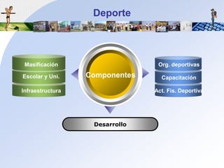 DeporteMasificaciónOrg. deportivasComponentesEscolar y Uni.CapacitaciónInfraestructuraAct. Fis. DeportivaDesarrollo