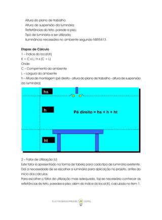 29ELETROBRÁS/PROCEL CEPEL
· Altura do plano de trabalho;
· Altura de suspensão da luminária;
· Refletâncias do teto, parede e piso;
· Tipo de luminária a ser utilizada;
· Iluminância necessária no ambiente segundo NBR5413.
Etapas de Cálculo
1 – Índice do local (K)
K = C x L / h x (C + L)
Onde:
C – Comprimento do ambiente
L – Largura do ambiente
h – Altura de montagem (pé direito - altura do plano de trabalho - altura de suspensão
da luminária)
2 – Fator de Utilização (U)
Este fator é apresentado na forma de tabela para cada tipo de luminária existente.
Daí a necessidade de se escolher a luminária para aplicação no projeto, antes do
início dos cálculos.
Para escolher o fator de utilização mais adequado, faz-se necessário conhecer as
refletâncias do teto, paredes e piso; além do índice do local (K), calculado no item 1.
hs
h
ht
Pé direito = hs + h + ht
 