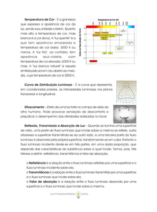 8ELETROBRÁS/PROCEL CEPEL
· Temperatura de Cor - É a grandeza
que expressa a aparência de cor da
luz, sendo sua unidade o Kelvin. Quanto
mais alta a temperatura de cor, mais
branca é a cor da luz. A “luz quente” é a
que tem aparência amarelada e
temperatura de cor baixa: 3000 K ou
menos. A “luz fria”, ao contrário, tem
aparência azul-violeta, com
temperatura de cor elevada: 6000 K ou
mais. A “luz branca natural” é aquela
emitida pelo sol em céu aberto ao meio-
dia, cuja temperatura de cor é 5800 K.
· Curva de Distribuição Luminosa – É a curva que representa,
em coordenadas polares, as intensidades luminosas nos planos
transversal e longitudinal.
· Ofuscamento – Efeito de uma luz forte no campo de visão do
olho humano. Pode provocar sensação de desconforto e
prejudicar o desempenho das atividades realizadas no local.
· Reflexão, Transmissão e Absorção de Luz – Quando se ilumina uma superfície
de vidro, uma parte do fluxo luminoso que incide sobre a mesma se reflete, outra
atravessa a superfície transmitindo-se ao outro lado, e uma terceira parte do fluxo
luminoso é absorvida pela própria superfície, transformando-se em calor. Portanto o
fluxo luminoso incidente divide-se em três partes, em uma dada proporção, que
depende das características da substância sobre a qual incide. Temos, pois, três
fatores a definir: refletância, transmitância e fator de absorção.
o Refletância é a relação entre o fluxo luminoso refletido por uma superfície e o
fluxo luminoso incidente sobre ela;
o Transmitância é a relação entre o fluxo luminoso transmitido por uma superfície
e o fluxo luminoso que incide sobre ela;
o Fator de absorção é a relação entre o fluxo luminoso absorvido por uma
superfície e o fluxo luminoso que incide sobre a mesma.
 