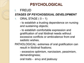PSYCHOLOGICAL<br />FREUD<br />STAGES OF PSYCHOSEXUAL DEVELOPMENT<br />ORAL STAGE ( 0 – 1)<br />	- to establish a trusting ...