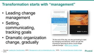 Transformation starts with “management”
• Leading change
management
• Setting,
communicating,
tracking goals
• Dramatic organization
change, gradually
Sources: Leading the Transformation, 2015; “Management’s Job is orchestrating the ‘why,’” 2015; The Concise Executive Guide to Agile,
2010.29
“At the end of the day, we are just looking to start
by changing one behavior, which can get the
momentum spinning to drive a much larger
cultural change.” -Matt Curry, Allstate
 