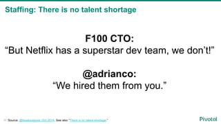 Staffing: There is no talent shortage
F100 CTO:
“But Netflix has a superstar dev team, we don’t!”
@adrianco:
“We hired them from you.”
Source: @blueboxjesse, Oct 2014. See also “There is no talent shortage.”30
 