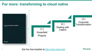 For more: transforming to cloud native
(1.)
Greenfield
Projects
(2.)
Dealing with
Legacy
(3.)
Corporate
Transformation
Get the free booklet at http://cote.io/pivotal34
 