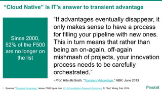 “If advantages eventually disappear, it
only makes sense to have a process
for filling your pipeline with new ones.
This in turn means that rather than
being an on-again, off-again
mishmash of projects, your innovation
process needs to be carefully
orchestrated.”
- Prof. Rita McGrath, “Transient Advantage,” HBR, June 2013
“Cloud Native” is IT’s answer to transient advantage
6
Since 2000,
52% of the F500
are no longer on
the list
Sources: “Transient Advantage,” above; F500 figure from 2014 Constellation Research Summary, R. “Ray” Wang, Feb. 2014.
 