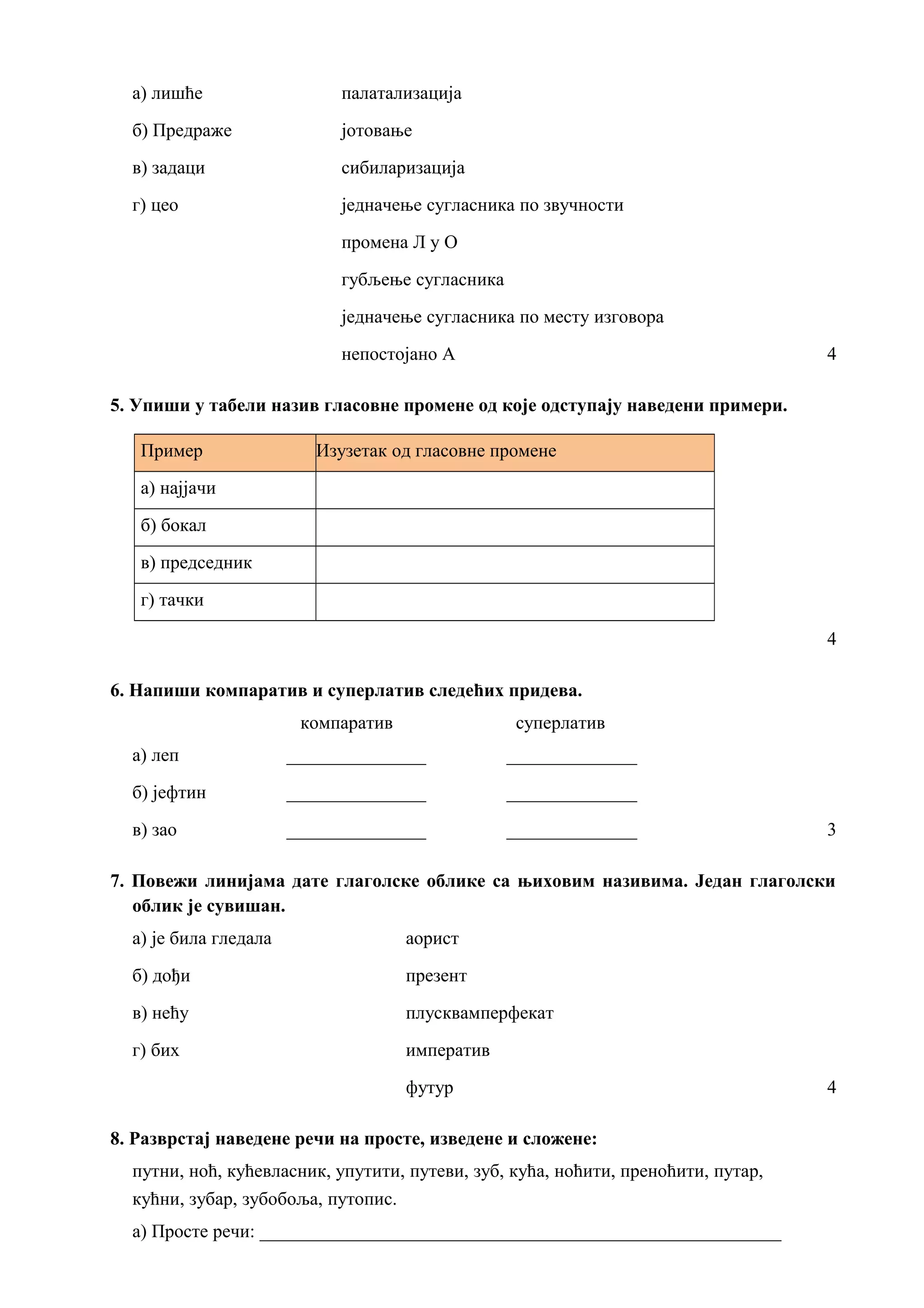 а) лишће палатализација
б) Предраже јотовање
в) задаци сибиларизација
г) цео једначење сугласника по звучности
промена Л у О
губљење сугласника
једначење сугласника по месту изговора
непостојано А 4
5. Упиши у табели назив гласовне промене од које одступају наведени примери.
Пример Изузетак од гласовне промене
а) најјачи
б) бокал
в) председник
г) тачки
4
6. Напиши компаратив и суперлатив следећих придева.
компаратив суперлатив
а) леп _______________ ______________
б) јефтин _______________ ______________
в) зао _______________ ______________ 3
7. Повежи линијама дате глаголске облике са њиховим називима. Један глаголски
облик је сувишан.
а) је била гледала аорист
б) дођи презент
в) нећу плусквамперфекат
г) бих императив
футур 4
8. Разврстај наведене речи на просте, изведене и сложене:
путни, ноћ, кућевласник, упутити, путеви, зуб, кућа, ноћити, преноћити, путар,
кућни, зубар, зубобоља, путопис.
а) Просте речи: ________________________________________________________
 