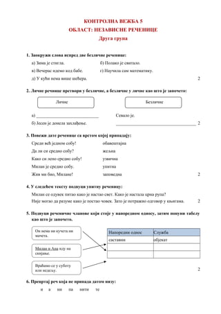 КОНТРОЛНА ВЕЖБА 5
ОБЛАСТ: НЕЗАВИСНЕ РЕЧЕНИЦЕ
Друга група
1. Заокружи слова испред две безличне реченице:
а) Зима је стигла. б) Полако је свитало.
в) Вечерас идемо код бабе. г) Научила сам математику.
д) У кући нема више шећера. 2
2. Личне речнице претвори у безличне, а безличне у личне као што је започето:
Личне Безличне
а) ____________________________ Севало је.
б) Јесен је донела захлађење. ____________________________________ 2
3. Повежи дате реченице са врстом којој припадају:
Среди већ једном собу! обавештајна
Да ли си средио собу? жељна
Како си лепо средио собу! узвична
Милан је средио собу. упитна
Жив ми био, Милане! заповедна 2
4. У следећем тексту подвуци упитну реченицу:
Милан се одувек питао како је настао свет. Како је настала црна рупа?
Није могао да разуме како је постао човек. Зато је потражио одговор у књигама. 2
5. Подвуци реченичне чланове који стоје у напоредном односу, затим попуни табелу
као што је започето.
Напоредни однос Служба
саставни објекат
2
6. Прецртај реч која не припада датом низу:
и а ни па нити те
Он нема ни кучета ни
мачета.
Милан и Ана иду на
скијање.
Враћамо се у суботу
или недељу.
 