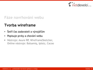 Fáze navrhování webu

   Tvorba wireframe
   ●    Šetří čas zadavateli a vývojářům
   ●    Popisuje prvky a chování webu
   ●    Nástroje: Axure RP, WireframeSketcher,
        Online nástroje: Balsamiq, Iplotz, Cacoo




netdeveo s.r.o. - profesionální iternetové aplikace a e-shopy   Stránka: 14
 