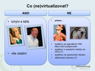 Úložiště ve virtualizacivelmi důležitá součást virtuální infrastrukturyvelký význam diskových polírůzné možnosti propojení DAS/NAS/SANmožnost využití více metod přístupu k datům v jedné VIpoužití různých druhů filesystémůlokální (NTFS, ext3)síťové (NFS)clusterové (VMFS, GFS, OCFS)možnost RDM (Raw Device Mapping)propojení VM přímo na konkrétní LUNthin-provisioningprodávám víc než mámStorage Pool