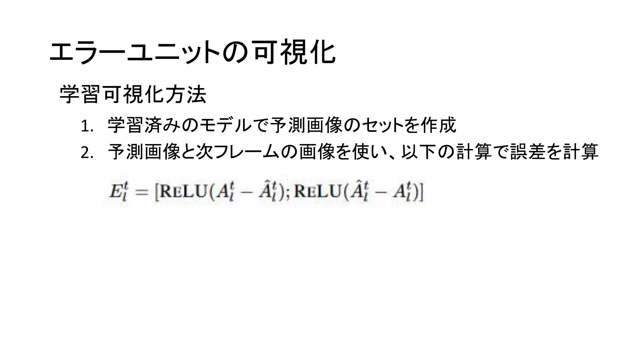 エラーユニットの可視化
学習可視化方法
1. 学習済みのモデルで予測画像のセットを作成
2. 予測画像と次フレームの画像を使い、以下の計算で誤差を計算
 