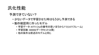 汎化性能
予測できていない？
• 少ないデータで学習させた時はもう少し予測できる
• 動作確認用に作ったモデル
• 学習データ：KITTI Cityの番号の若いほうから7つ(1477フレーム)
• 学習回数：80000(データセット54周)
• 他の条件は前述のモデルと同じ
 