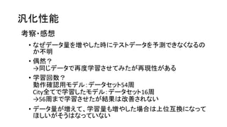 汎化性能
考察・感想
• なぜデータ量を増やした時にテストデータを予測できなくなるの
か不明
• 偶然？
→同じデータで再度学習させてみたが再現性がある
• 学習回数？
動作確認用モデル：データセット54周
City全てで学習したモデル：データセット16周
→56周まで学習させたが結果は改善されない
• データ量が増えて、学習量も増やした場合は上位互換になって
ほしいがそうはなっていない
 