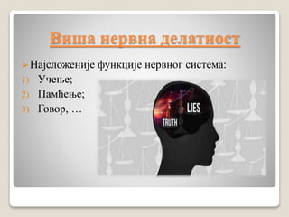 Вишa нервна делатност
Најсложеније функције нервног система:
1) Учење;
2) Памћење;
3) Говор, …
 