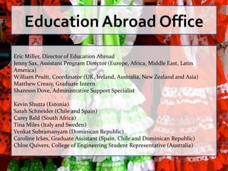 Education Abroad Office
Eric Miller, Director of Education Abroad
Jenny Sax, Assistant Program Director (Europe, Africa, Middle East, Latin
America)
William Pruitt, Coordinator (UK, Ireland, Australia, New Zealand and Asia)
Matthew Creasy, Graduate Intern
Shannon Dove, Administrative Support Specialist

Kevin Shutta (Estonia)
Sarah Schneider (Chile and Spain)
Carey Bald (South Africa)
Tina Miles (Italy and Sweden)
Venkat Subramanyam (Dominican Republic)
Caroline Ickes, Graduate Assistant (Spain, Chile and Dominican Republic)
Chloe Quivers, College of Engineering Student Representative (Australia)
 