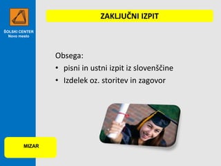 ZAKLJUČNI IZPIT
ŠOLSKI CENTER
Novo mesto

Obsega:
• pisni in ustni izpit iz slovenščine
• Izdelek oz. storitev in zagovor

MIZAR

 