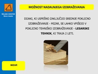 MOŽNOST NADALNJEGA IZOBRAŽEVANJA
ŠOLSKI CENTER
Novo mesto

DIJAKI, KI USPEŠNO ZAKLJUČIJO SREDNJE POKLICNO
IZOBRAŽEVANJE - MIZAR, SE LAHKO VPIŠEJO V
POKLICNO TEHNIŠKO IZOBRAŽEVANJE - LESARSKI
TEHNIK, KI TRAJA 2 LETI.

MIZAR

 