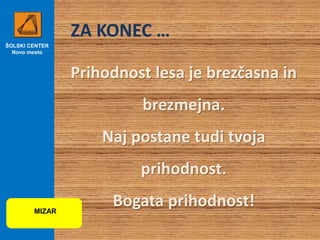 ŠOLSKI CENTER
Novo mesto
Prihodnost lesa je brezčasna in
brezmejna.
Naj postane tudi tvoja
prihodnost.
Bogata prihodnost!
ZA KONEC …
MIZAR
 