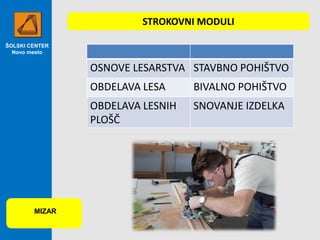 ŠOLSKI CENTER
Novo mesto
MIZAR
STROKOVNI MODULI
OSNOVE LESARSTVA STAVBNO POHIŠTVO
OBDELAVA LESA BIVALNO POHIŠTVO
OBDELAVA LESNIH
PLOŠČ
SNOVANJE IZDELKA
 