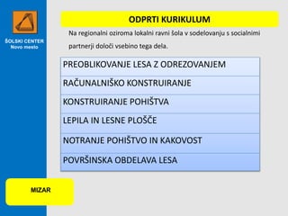 ŠOLSKI CENTER
Novo mesto
MIZAR
ODPRTI KURIKULUM
Na regionalni oziroma lokalni ravni šola v sodelovanju s socialnimi
partnerji določi vsebino tega dela.
PREOBLIKOVANJE LESA Z ODREZOVANJEM
RAČUNALNIŠKO KONSTRUIRANJE
KONSTRUIRANJE POHIŠTVA
LEPILA IN LESNE PLOŠČE
NOTRANJE POHIŠTVO IN KAKOVOST
POVRŠINSKA OBDELAVA LESA
 