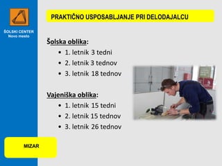 ŠOLSKI CENTER
Novo mesto
PRAKTIČNO USPOSABLJANJE PRI DELODAJALCU
Šolska oblika:
• 1. letnik 3 tedni
• 2. letnik 3 tednov
• 3. letnik 18 tednov
Vajeniška oblika:
• 1. letnik 15 tedni
• 2. letnik 15 tednov
• 3. letnik 26 tednov
MIZAR
 
