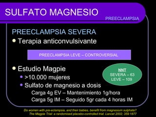 SULFATO MAGNESIO PREECLAMPSIA SEVERA Terapia anticonvulsivante Estudio Magpie > 10.000 mujeres Sulfato de magnesio a dosis  Carga 4g EV – Mantenimiento 1g/hora Carga 5g IM – Seguido 5gr cada 4 horas IM PREECLAMPSIA PREECLAMPSIA LEVE – CONTROVERSIAL  Do women with pre-eclampsia, and their babies, benefit from magnesium sulphate?  The Magpie Trial: a randomised placebo-controlled trial. Lancet 2002; 359:1877  LEVE – 75% SEVERA – 25% NNT SEVERA – 63 LEVE – 109  
