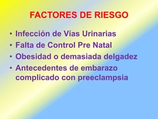  trastorno visual y  dolor epigástrico que sin tratamiento evoluciona a eclampsia y síndrome de hellpPREECLAMPSIAAfecta del 5% al 8% de las gestantesMujeres < 20años y >35 años, Raza Negra, En el Perú, es la 2da. causa de muerte materna evidenciándose en el 17% al 21% de muertes maternas