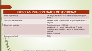 PREECLAMPSIA CON DATOS DE SEVERIDAD
Crisis hipertensiva TA mayor de 160/110 en 2 tomas espaciadas por 4
horas
Sintomas premonitorios Cefalea, alteraciones visuales, epigastralgia, clonus u
oliguria
Disfunción orgánica Trombocitopenia < 100 000
Creatinina > 1.1 mg/dl o el doble de Cr sérica
Transaminasas elevadas 2 veces su límite superior
normal
Edema pulmonar
Compromiso fetal RCIU
Phyllis August, Treatment of hypertension in pregnant and postpartum patients. UpToDate,Feb 2022.
 