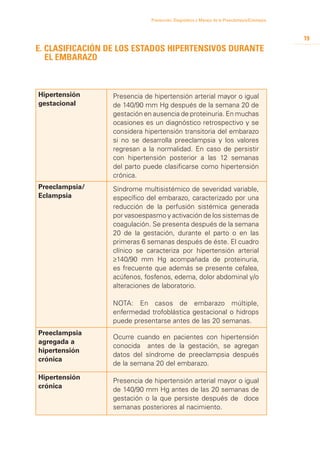 Prevención, Diagnóstico y Manejo de la Preeclampsia/Eclampsia



                                                                                              19
E. Clasificación de los estados hipertensivos durante 	
	el embarazo



Hipertensión      Presencia de hipertensión arterial mayor o igual
gestacional       de 140/90 mm Hg después de la semana 20 de
                  gestación en ausencia de proteinuria. En muchas
                  ocasiones es un diagnóstico retrospectivo y se
                  considera hipertensión transitoria del embarazo
                  si no se desarrolla preeclampsia y los valores
                  regresan a la normalidad. En caso de persistir
                  con hipertensión posterior a las 12 semanas
                  del parto puede clasificarse como hipertensión
                  crónica.
Preeclampsia/     Síndrome multisistémico de severidad variable,
Eclampsia         específico del embarazo, caracterizado por una
                  reducción de la perfusión sistémica generada
                  por vasoespasmo y activación de los sistemas de
                  coagulación. Se presenta después de la semana
                  20 de la gestación, durante el parto o en las
                  primeras 6 semanas después de éste. El cuadro
                  clínico se caracteriza por hipertensión arterial
                  ≥140/90 mm Hg acompañada de proteinuria,
                  es frecuente que además se presente cefalea,
                  acúfenos, fosfenos, edema, dolor abdominal y/o
                  alteraciones de laboratorio.

                  NOTA: En casos de embarazo múltiple,
                  enfermedad trofoblástica gestacional o hidrops
                  puede presentarse antes de las 20 semanas.
Preeclampsia
                  Ocurre cuando en pacientes con hipertensión
agregada a
                  conocida antes de la gestación, se agregan
hipertensión
                  datos del síndrome de preeclampsia después
crónica
                  de la semana 20 del embarazo.

Hipertensión      Presencia de hipertensión arterial mayor o igual
crónica           de 140/90 mm Hg antes de las 20 semanas de
                  gestación o la que persiste después de doce
                  semanas posteriores al nacimiento.
 