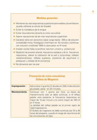 Prevención, Diagnóstico y Manejo de la Preeclampsia/Eclampsia



                                                                                                     29


                           Medidas generales
 P 	 antener las vías respiratorias superiores permeables y la ventilación
   M
   (puede utilizarse la cánula de Guedel)
 P 	 vitar la mordedura de la lengua
   E
 P 	 vitar traumatismos durante la crisis convulsiva
   E
 P 	 spirar secreciones de las vías respiratorias superiores
   A
 P 	 analizar vena con venoclisis: pasar carga rápida 250 cc de solución
   C
   (cristaloide) mixta, fisiológica o Hartmann en 10 minutos y continuar
   con solución cristaloide 1000 cc para pasar en 8 horas
 P 	nstalar sonda Foley (cuantificar volumen urinario y proteinuria)
   I
 P 	 edición de presión arterial, frecuencia cardiaca y de la frecuencia
   M
   respiratoria, valorar la coloración de la piel y conjuntivas, reflejos
   osteotendinosos, reflejos pupilares, presencia de equimosis o
   petequias, y estado de la conciencia
 P 	 o alimentos por vía oral
   N




                  Prevención de crisis convulsivas
                       Sulfato de Magnesio

Impregnación       Administrar 4 gramos IV diluidos en 250 ml de solución
                   glucosada, pasar en 20 minutos.
Mantenimiento      Continuar con 1 gramo por hora. La dosis de
                   mantenimiento sólo se debe continuar, si el reflejo
                   patelar esta presente, la frecuencia respiratoria es
                   mayor de 12 por minuto y la uresis mayor de 100 ml
                   en 4 horas.
                   La pérdida del reflejo patelar es el primer signo de
                   hipermagnesemia.
                   El Sulfato de magnesio se debe continuar por 24 a 48
                   horas del posparto, cuando el riesgo de recurrencia de
                   las convulsiones es bajo.
 