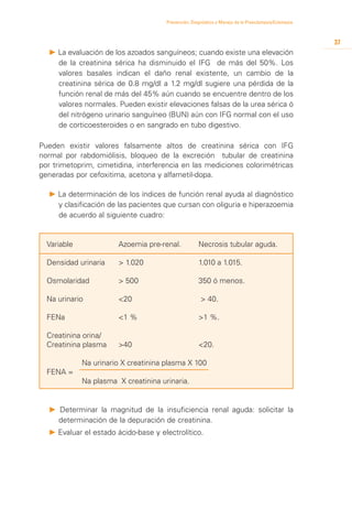 Prevención, Diagnóstico y Manejo de la Preeclampsia/Eclampsia



                                                                                                       37
   P 	 a evaluación de los azoados sanguíneos; cuando existe una elevación
     L
     de la creatinina sérica ha disminuido el IFG de más del 50%. Los
     valores basales indican el daño renal existente, un cambio de la
     creatinina sérica de 0.8 mg/dl a 1.2 mg/dl sugiere una pérdida de la
     función renal de más del 45% aún cuando se encuentre dentro de los
     valores normales. Pueden existir elevaciones falsas de la urea sérica ó
     del nitrógeno urinario sanguíneo (BUN) aún con IFG normal con el uso
     de corticoesteroides o en sangrado en tubo digestivo.

Pueden existir valores falsamente altos de creatinina sérica con IFG
normal por rabdomiólisis, bloqueo de la excreción tubular de creatinina
por trimetoprim, cimetidina, interferencia en las mediciones colorimétricas
generadas por cefoxitima, acetona y alfametil-dopa.

   P 	 a determinación de los índices de función renal ayuda al diagnóstico
     L
     y clasificación de las pacientes que cursan con oliguria e hiperazoemia
     de acuerdo al siguiente cuadro:

	
	 Variable	             Azoemia pre-renal.	           Necrosis tubular aguda.

	 Densidad urinaria	    > 1.020	                      1.010 a 1.015.

	 Osmolaridad 	         > 500	                        350 ó menos.

	 Na urinario	          <20	                           > 40.

	 FENa	                 <1 %	                         >1 %.

	 Creatinina orina/
	 Creatinina plasma	    >40	                          <20.

        	 Na urinario X creatinina plasma X 100
	 FENA =
         	 Na plasma X creatinina urinaria.


   P Determinar la magnitud de la insuficiencia renal aguda: solicitar la
     determinación de la depuración de creatinina.
   P 	 valuar el estado ácido-base y electrolítico.
     E
 