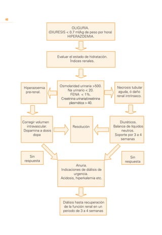 40

                                  OLIGURIA.
                     (DIURESIS < 0.7 ml/kg de peso por hora)
                               HIPERAZOEMIA.




                          Evaluar el estado de hidratación.
                                  Índices renales.




                           Osmolaridad urinaria >500.            Necrosis tubular
      Hiperazoemia
                                Na urinario < 20.                 aguda, ó daño
       pre-renal.
                                  FENA < 1%.                     renal intrínseco.
                            Creatinina urinaria/creatinina
                                 plasmática > 40.




     Corregir volumen 	                                            Diuréticos.
       intravascular.               Resolución                 Balance de líquidos
      Dopamina a dosis                                              neutros.
            dopa                                                Soporte por 3 a 4
                                                                   semanas




         Sin                                                             Sin
      respuesta                                                       respuesta
                                      Anuria.
                            Indicaciones de diálisis de
                                    urgencia.
                            Acidosis, hiperkalemia etc.




                             Diálisis hasta recuperación
                              de la función renal en un
                             periodo de 3 a 4 semanas
 