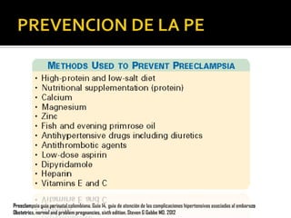 Preeclampsia guía perinatal colombiana. Guía 14, guia de atención de las complicaciones hipertensivas asociadas al embarazo
Obstetrics, normal and problem pregnancies, sixth edition. Steven G Gabbe MD. 2012

 