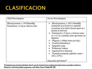 Preeclampsia guía perinatal colombiana. Guía 14, guia de atención de las complicaciones hipertensivas asociadas al embarazo
Obstetrics, normal and problem pregnancies, sixth edition. Steven G Gabbe MD. 2012

 