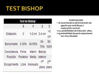 PUNTUACION
• <6 recomienda la administración de
agente que contribuya a
maduración cervical.
•7-9 posibilidades de inducción altas.
•>9 probabilidad de parto espontaneo
son muy elevadas

 