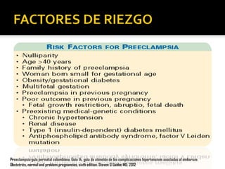 Preeclampsia guía perinatal colombiana. Guía 14, guia de atención de las complicaciones hipertensivas asociadas al embarazo
Obstetrics, normal and problem pregnancies, sixth edition. Steven G Gabbe MD. 2012

 